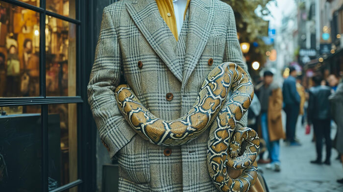 A person in a plaid coat holds a large snake, its patterns visible, in a busy street, symbolizing shocking secrets from small towns.