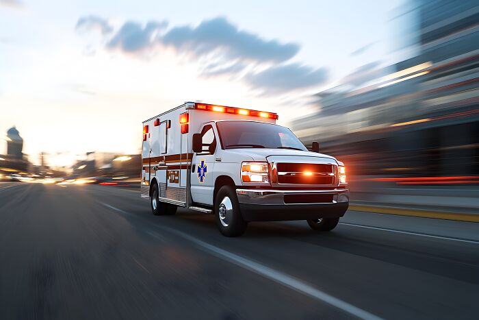 An ambulance speeding with its lights flashing, highlighting various pain reactions.