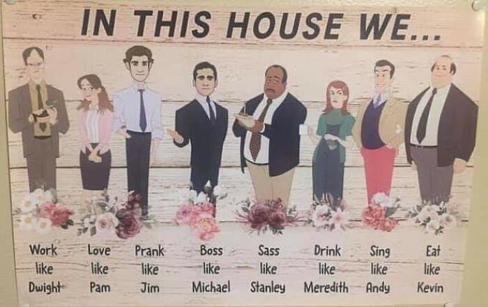An illustrated sign with characters from The Office, representing typical cringe memes from fandoms.