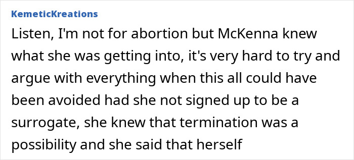 A comment discussing the surrogate who refused to end pregnancy, noting her awareness of termination as a possibility. A comment discussing the surrogate who refused to end pregnancy, noting her awareness of termination as a possibility.