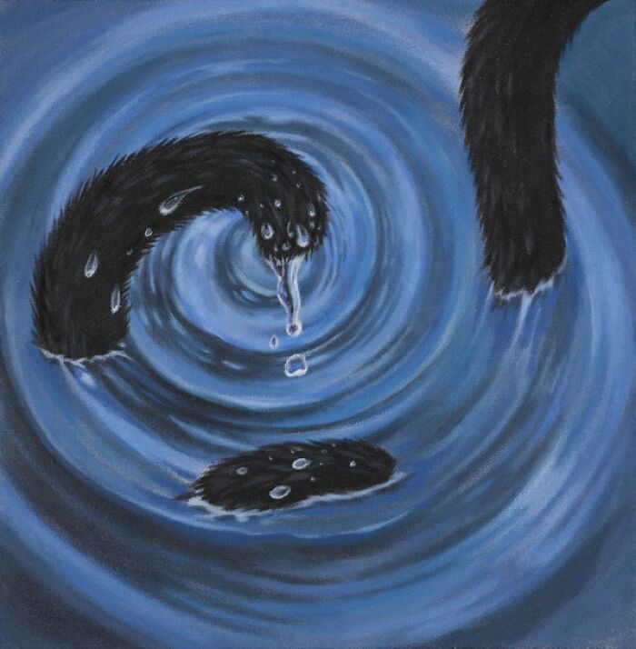 A black cat's tail and paw create a surreal whirlpool in blue water, with droplets falling.