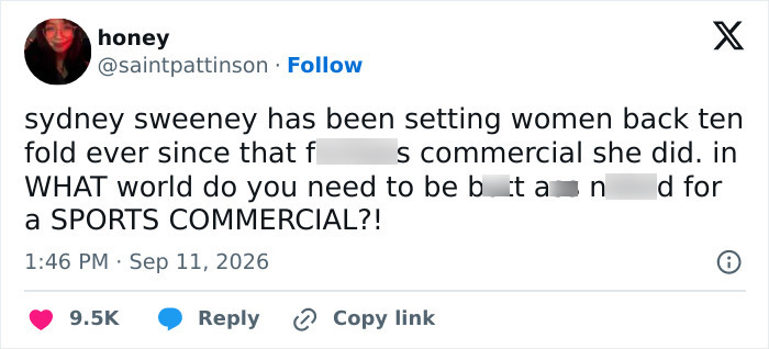 Tweet against Sydney Sweeney's commercial, a poignant response after betting ad campaign backlash. Tweet against Sydney Sweeney's commercial, a poignant response after betting ad campaign backlash.
