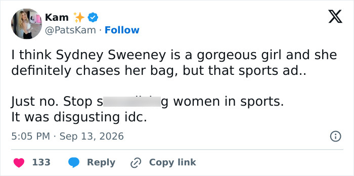 A tweet discussing the Sydney Sweeney ad campaign and the backlash it received. A tweet discussing the Sydney Sweeney ad campaign and the backlash it received.