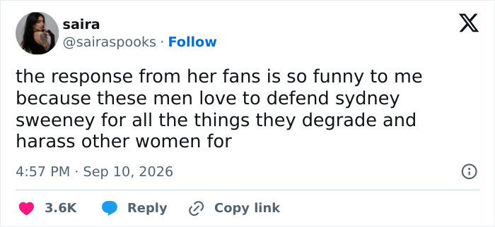 Screenshot of a tweet from saira commenting on fan reactions to Sydney Sweeney's ad campaign backlash. Screenshot of a tweet from saira commenting on fan reactions to Sydney Sweeney's ad campaign backlash.
