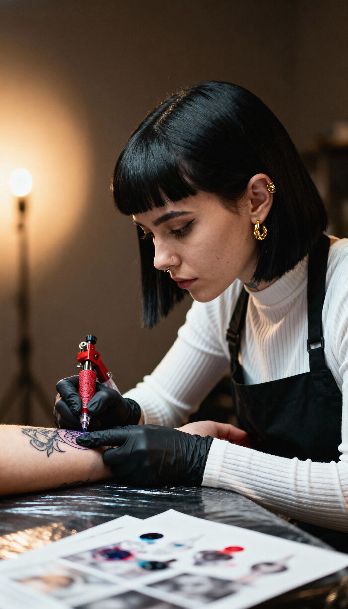A female tattoo artist with black hair and piercings, focused on tattooing a design on a client's arm, an activity that can cause pain reactions.