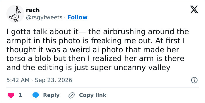 A Tweet criticizing a bizarre detail and uncanny valley airbrushing in a Taylor Swift latest photo. A Tweet criticizing a bizarre detail and uncanny valley airbrushing in a Taylor Swift latest photo.