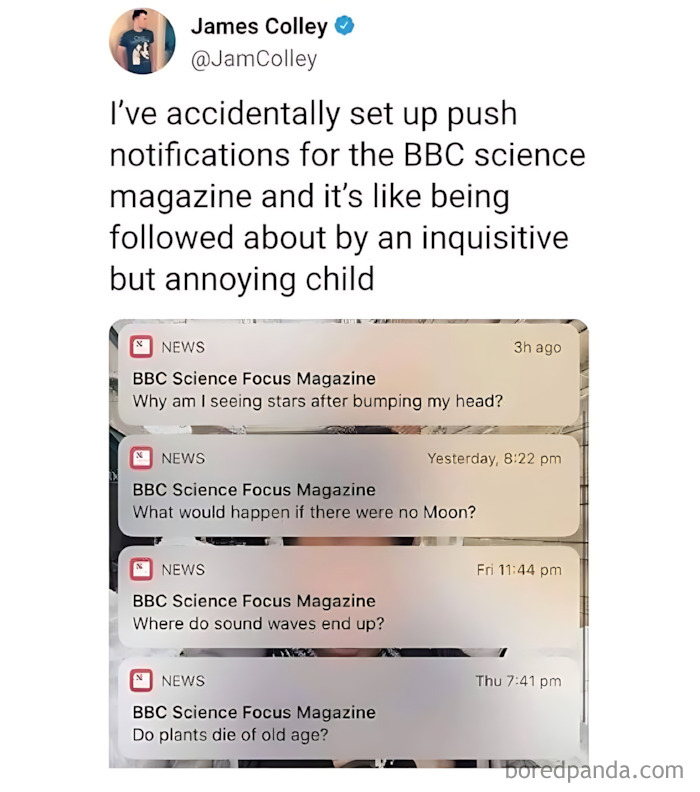 A screenshot of hilarious texts showing BBC Science Focus Magazine push notifications that feel like an annoying child.