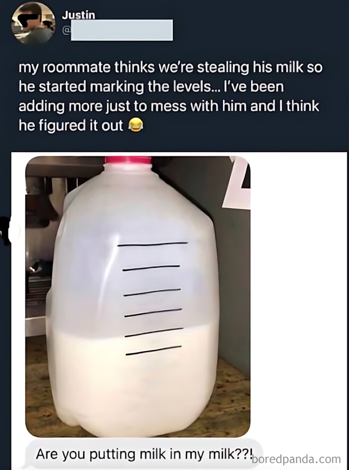 A screenshot of hilarious texts where a roommate adds milk to another's milk, who marked the levels, for a prank.