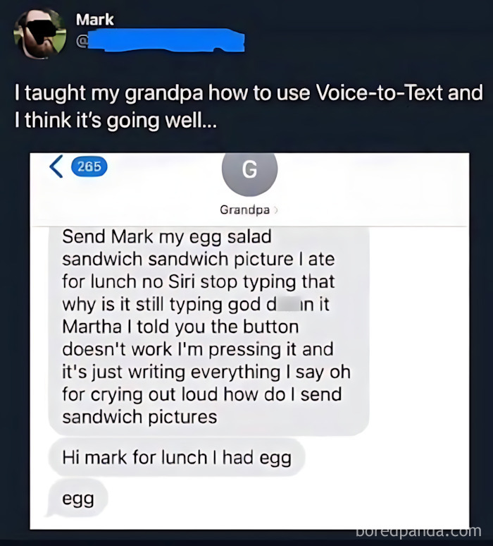 A screenshot of hilarious texts from a grandpa using voice-to-text, mistakenly sending a long, jumbled message.