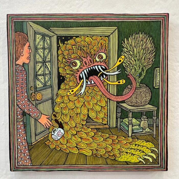 Theo Ellsworth drawing of a person facing a large monster with many tongues inside a room