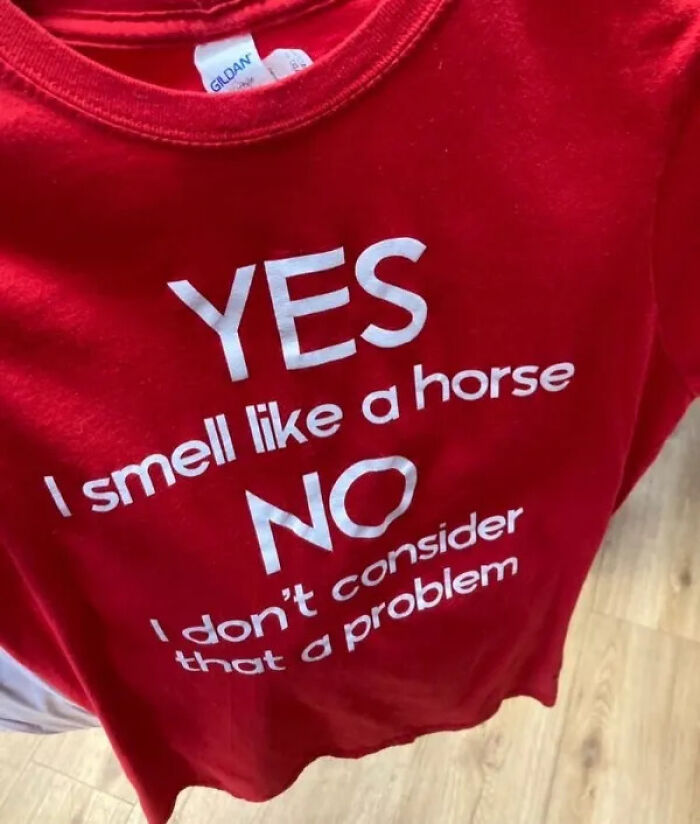 A red t-shirt with unhinged secondhand finds, featuring text about smelling like a horse.