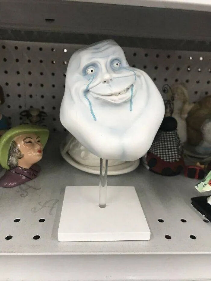 A sculpture of the Forever Alone meme face, complete with tears, sitting on a shelf as an unhinged secondhand find.