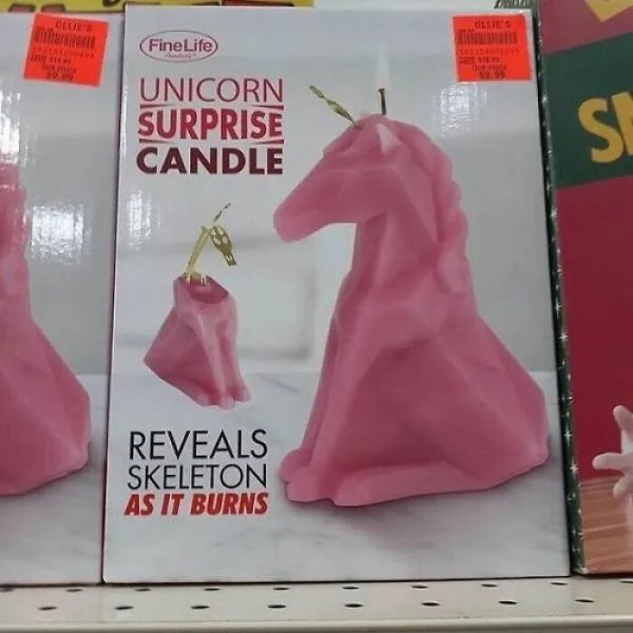 A pink unicorn surprise candle that reveals a skeleton as it burns, one of many unhinged secondhand finds.