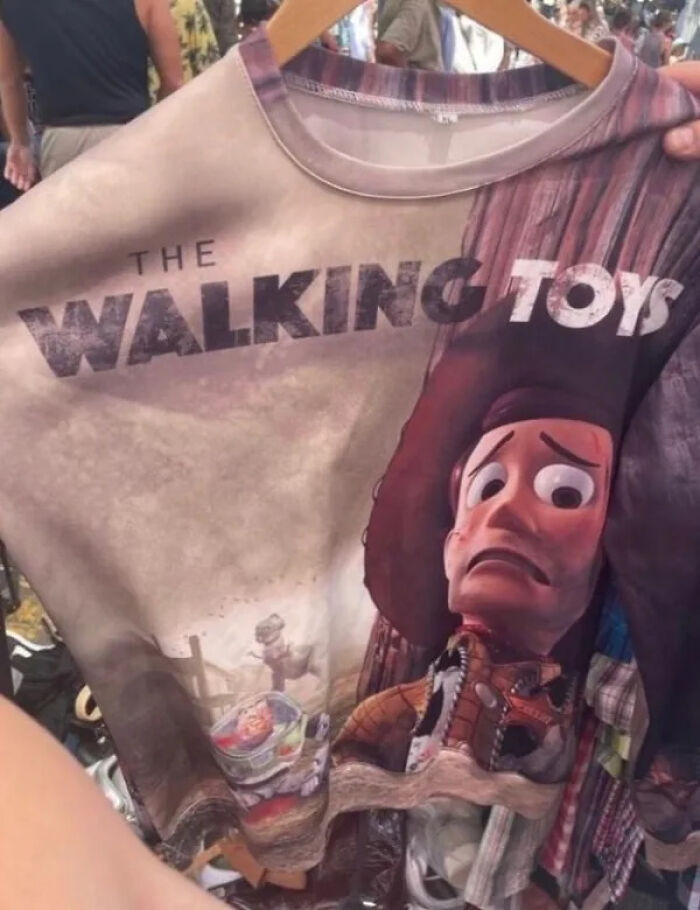 A T-shirt with the text The Walking Toys and a distressed Woody from Toy Story, among unhinged secondhand finds.