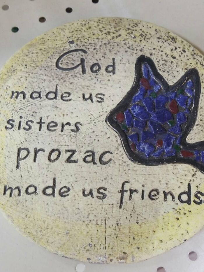 A round stone plaque with the phrase God made us sisters prozac made us friends, one of many unhinged secondhand finds.