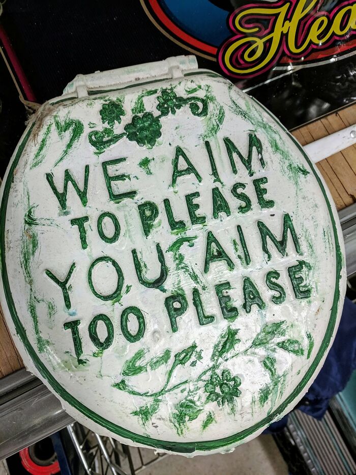 A white toilet seat with green letters and shamrocks, one of many unhinged secondhand finds.