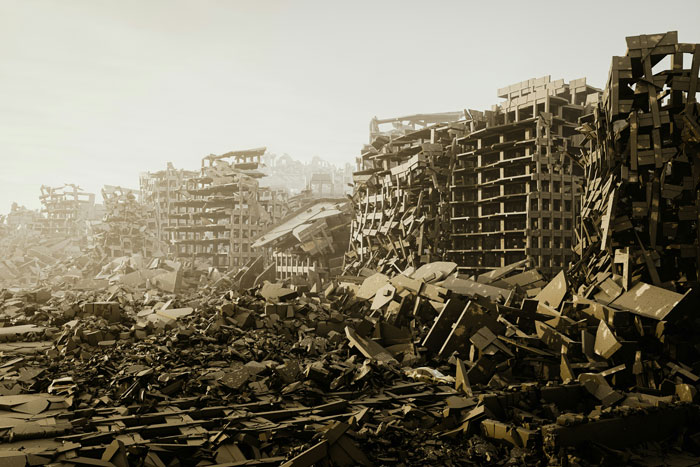 A destroyed city with rubble everywhere, depicting a chilling war prediction shared by a time-traveler.