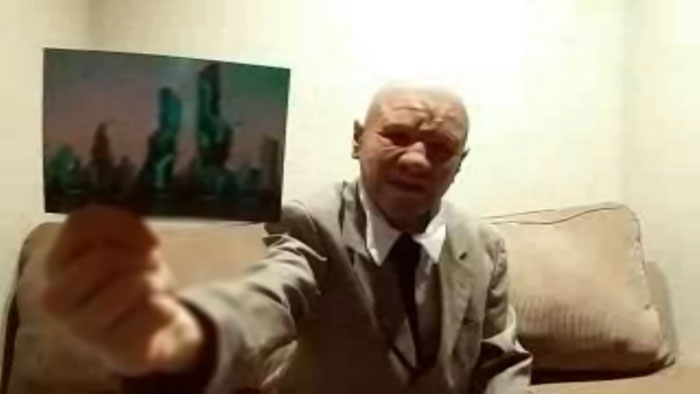 A time-traveler holding up a photo of a futuristic city, revealing a chilling war prediction.