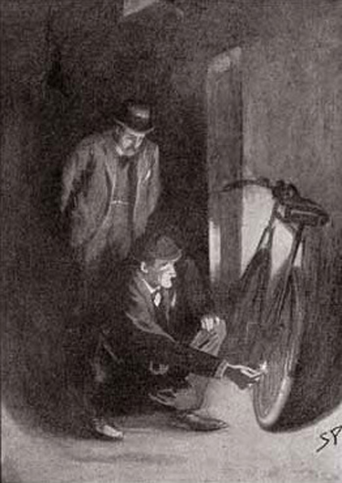Illustration of Sherlock Holmes inspecting a bicycle, a detail showcasing new facts