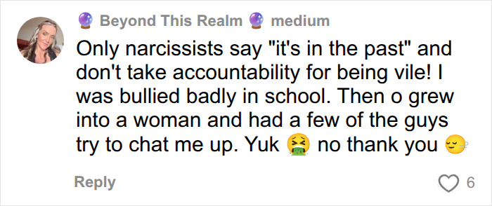 An online comment describing childhood bullying and the experience of growing up after being bullied.