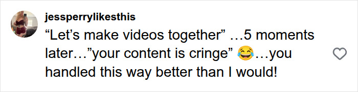 A comment praising the hairdresser's calm response to the childhood bully's changing attitude about his content.