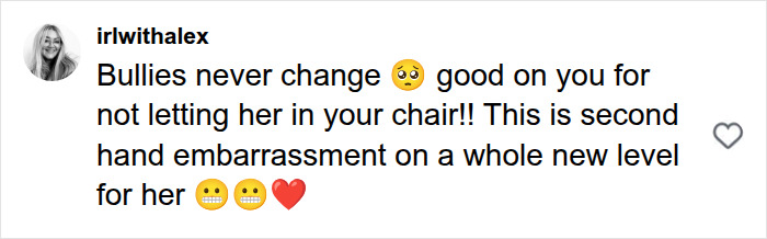 A social media comment from irlwithalex about a top hairdresser and childhood bully, offering a brutal reality check.