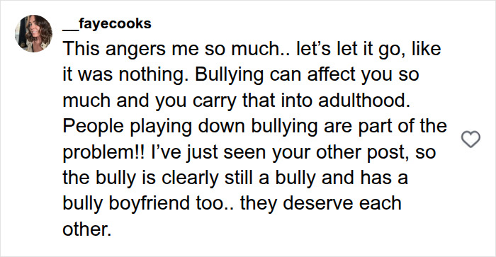 An online comment about the hairdresser and his childhood bully, discussing how bullying affects adulthood.