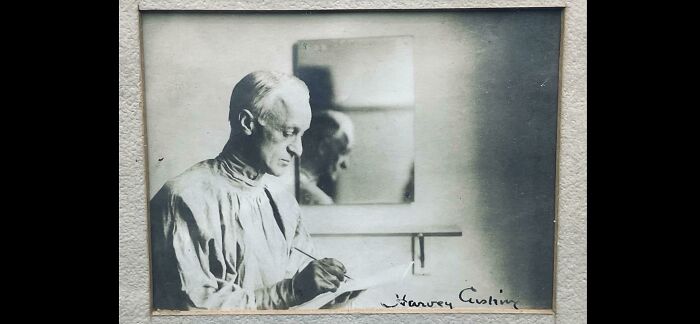 A black and white portrait of Dr. Harvey Cushing, a prominent figure in medical history