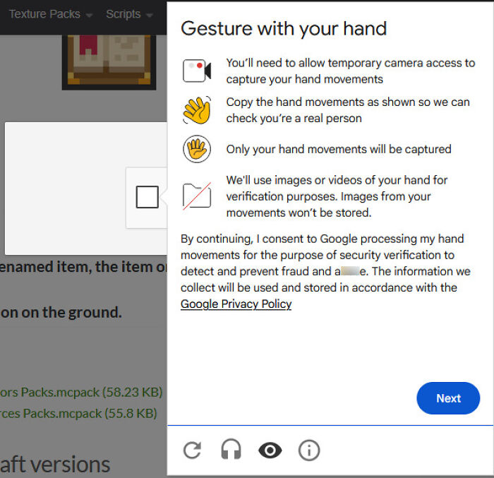 A verification screen asking for camera access to capture hand gestures, showcasing terrible product design.