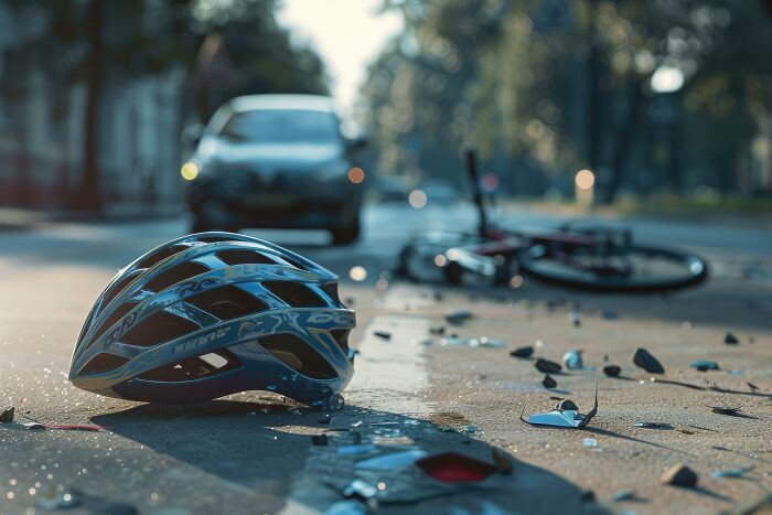 A blue cycling helmet on the road with debris and a crashed bicycle in the background, a scene of potential pain reactions.