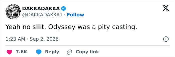 Screenshot of a tweet from DAKKADAKKA reacting to Elliot Page's Hollywood success with The Odyssey. Screenshot of a tweet from DAKKADAKKA reacting to Elliot Page's Hollywood success with The Odyssey.