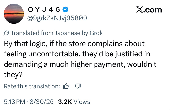 Screenshot of a tweet discussing the cultural debate around a trans woman leaving a Japanese restaurant.
