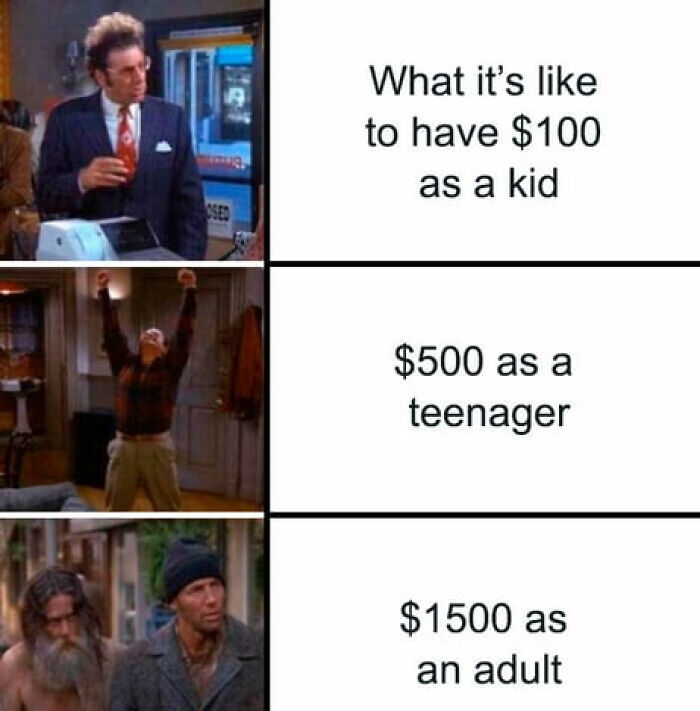 A relatable meme for adults showing the decreasing perceived value of money from childhood to adulthood.