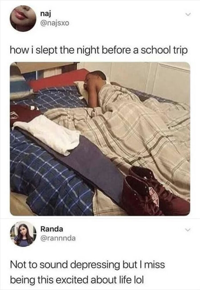A hilariously relatable meme for adults comparing a child's excitement for a school trip to adult apathy.