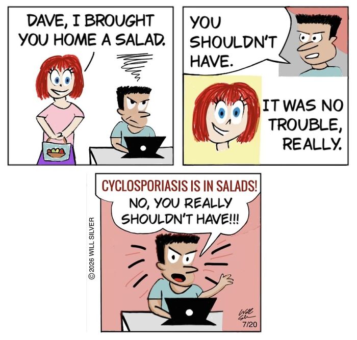 Witty comics by Will Silver illustrating the absurdity of bringing home a contaminated salad.