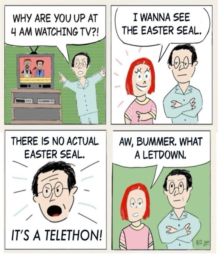 A comic by Will Silver illustrates a person up at 4 AM watching TV, asking about the Easter Seal.