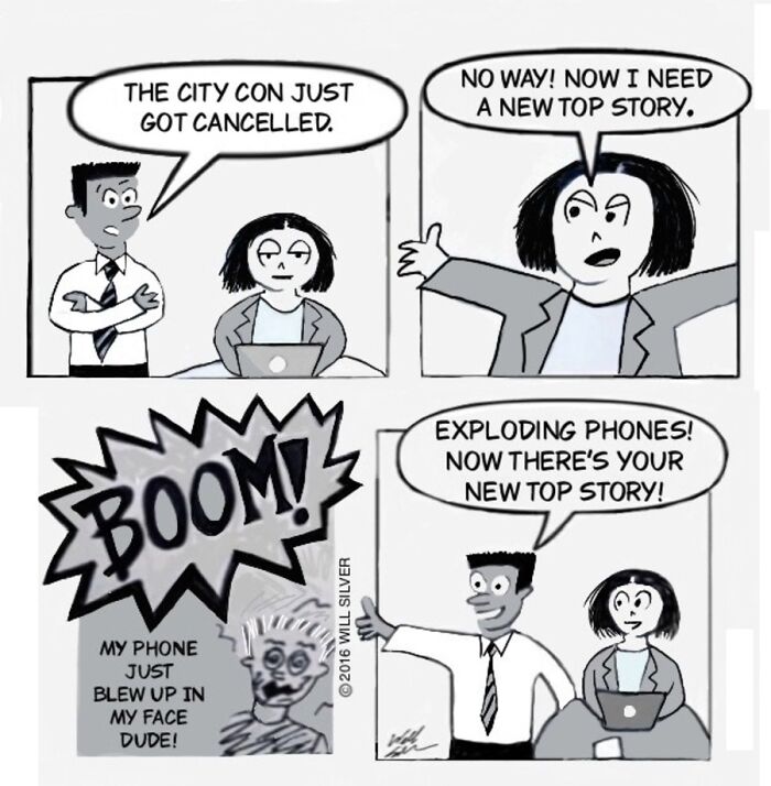 A comic by Will Silver shows a city con cancelled and a phone exploding, creating a new top story.
