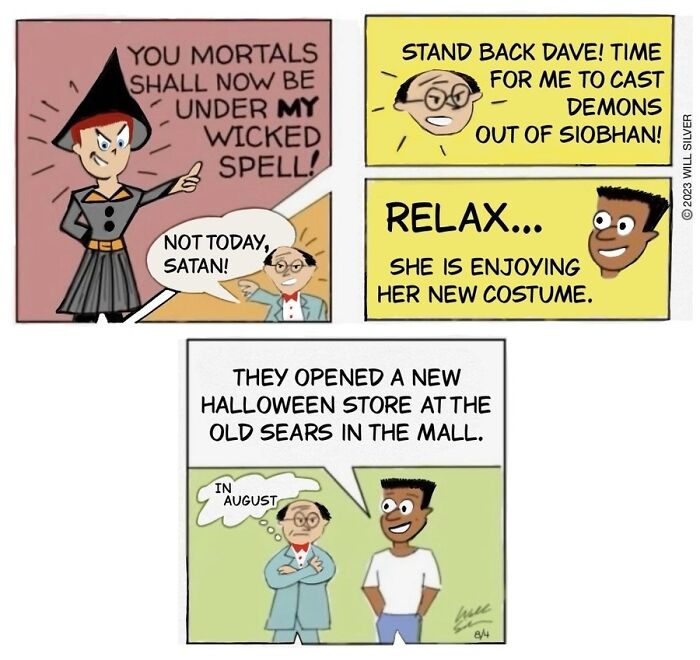 A comic by Will Silver showing a man in a witch costume, with witty dialogue about a new Halloween store.