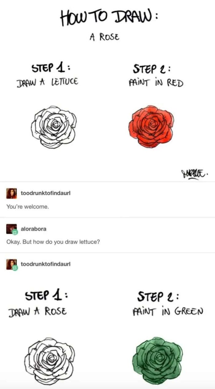 Humorous drawing instructions suggesting to draw lettuce as a rose to paint a red rose