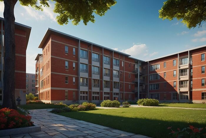 A multi-story brick building with green trees and a paved walkway, evoking memories of childhood beliefs.