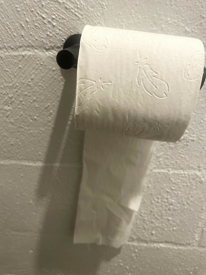 A roll of toilet paper hangs improperly, one of the things people do that others judge.