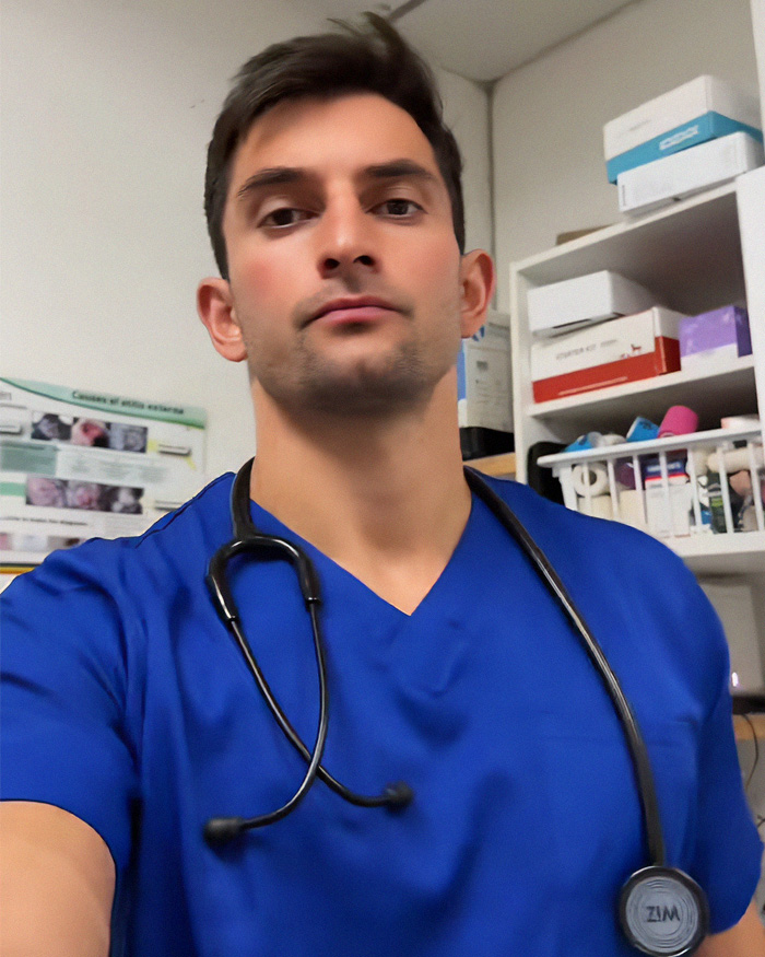 A vet in blue scrubs with a stethoscope, looking at the camera, sharing his experiences with ridiculous pet names. A vet in blue scrubs with a stethoscope, looking at the camera, sharing his experiences with ridiculous pet names.