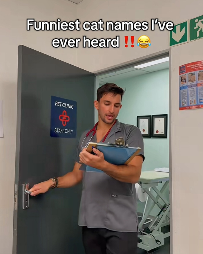 A vet in a grey scrub top holds a clipboard, opening a door to a pet clinic. On-screen text reads: Funniest cat names I've ever heard! The vet shares ridiculous pet names. A vet in a grey scrub top holds a clipboard, opening a door to a pet clinic. On-screen text reads: Funniest cat names I've ever heard! The vet shares ridiculous pet names.