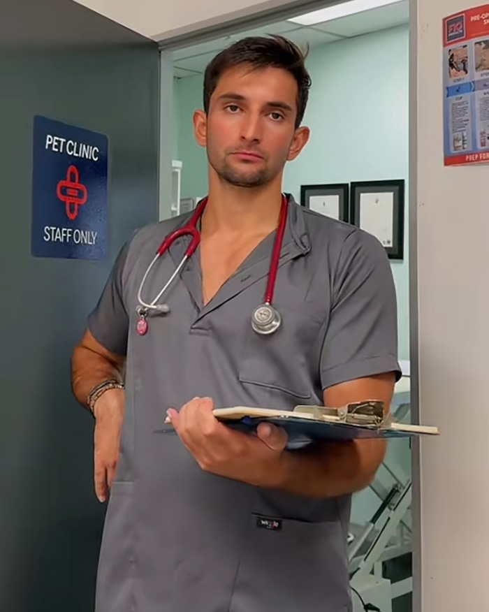 A vet in a grey scrub top with a stethoscope around his neck holds a clipboard, looking at the camera. He stands in front of a Pet Clinic sign. The vet shares ridiculous pet names. A vet in a grey scrub top with a stethoscope around his neck holds a clipboard, looking at the camera. He stands in front of a Pet Clinic sign. The vet shares ridiculous pet names.