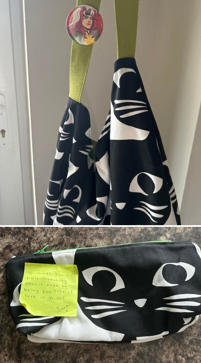 A two-part image showing a black and white cat-patterned bag hanging and a matching pencil case with a note, from Vinted posts.