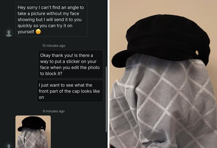 A humorous Vinted post shows a cap worn by a sheet-covered mannequin, an unhinged Vinted post about a seller trying to hide their face.