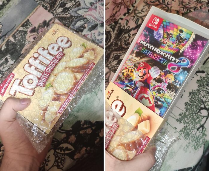 An unhinged Vinted post showing a Toffifee box, revealing a Mario Kart Deluxe 8 game inside after removal of wrapping.