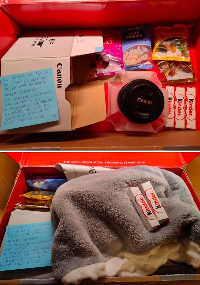 Two images of an unhinged Vinted post showing a Canon lens with sweets and Kinder bars in a red box.