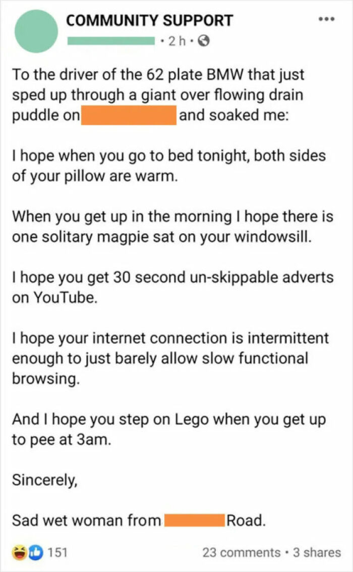 A social media post from Community Support, a person wishing various misfortunes on a BMW driver who splashed them. Unhinged thoughts about karma.