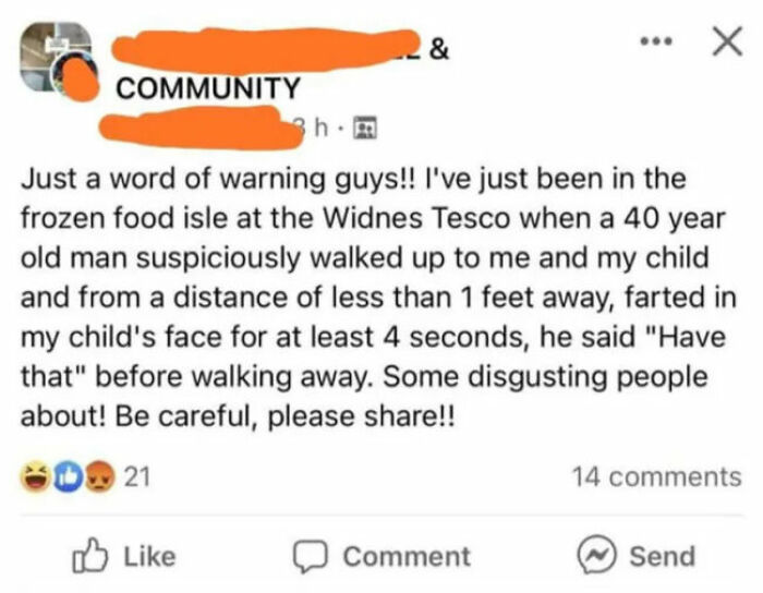 A social media warning from a person sharing unhinged thoughts about a man farting at Tesco.